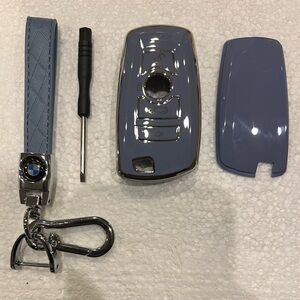 BMW Blue Leather Chrome Keychain & BMW Blue & Silver Car Key Fob Case Cover